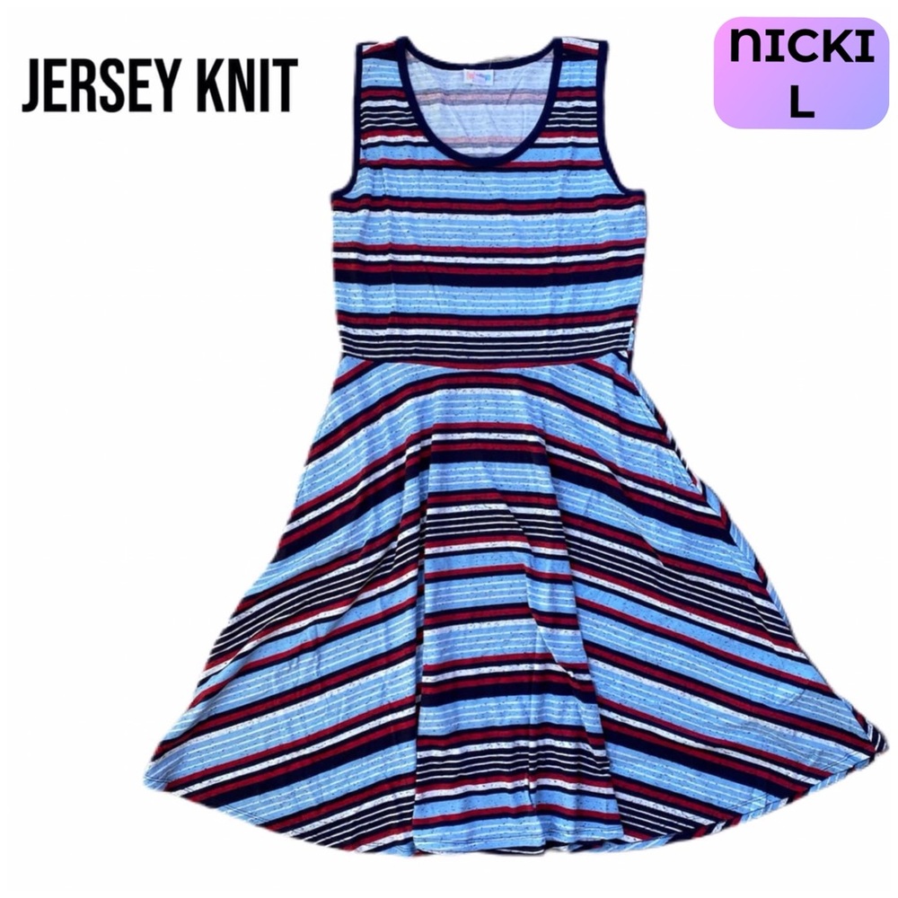 LuLaRoe Nicki Dress in Blue, White and Red Stripes